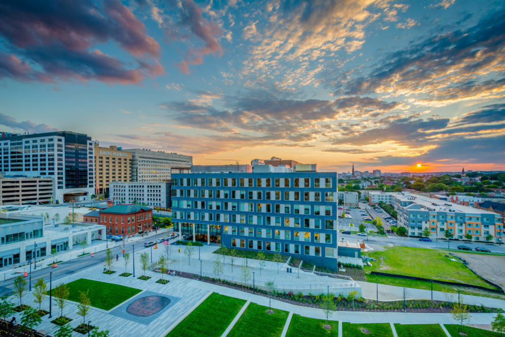 Eager Park and Johns Hopkins Hospital at sunset, in Baltimore, M